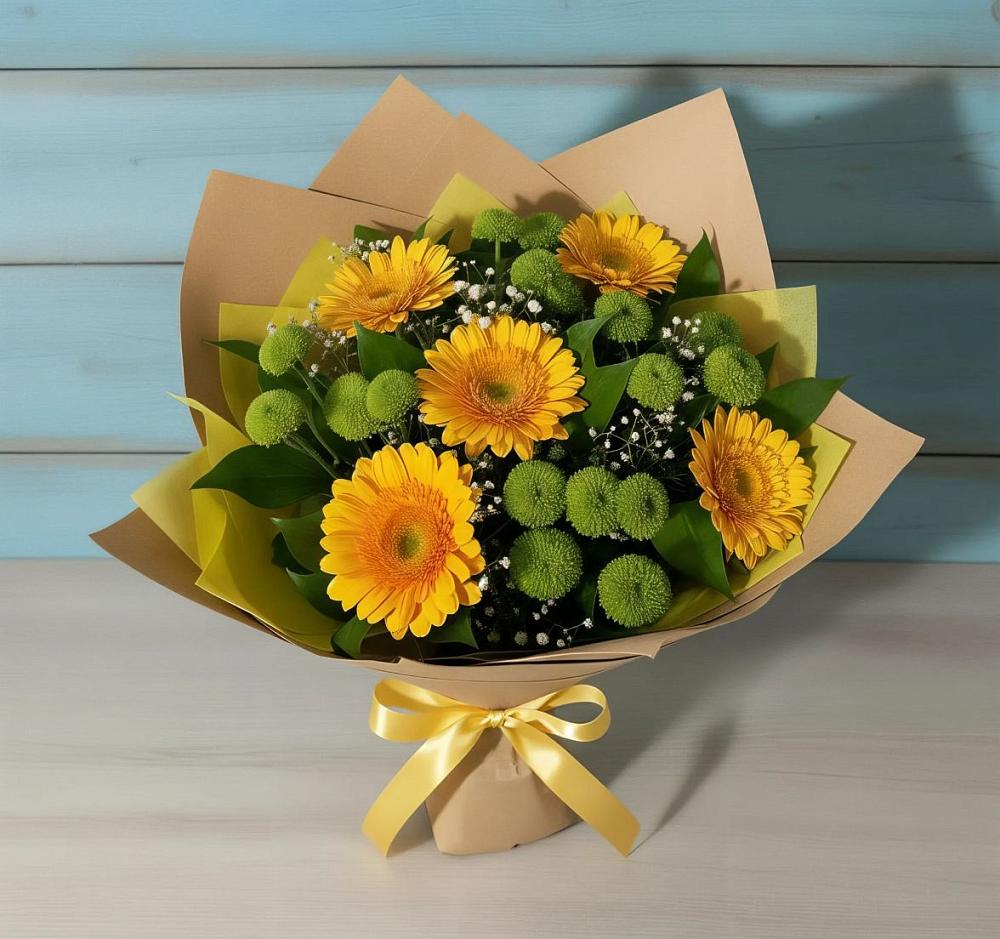 Букет цветов из: Герберы и Хризантемы в Русской Гвоздевке