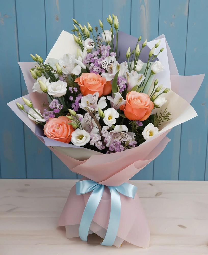 Букет цветов из: Лизиантусы, Розы, Альстромерии и Гипсофила в Русской Гвоздевке