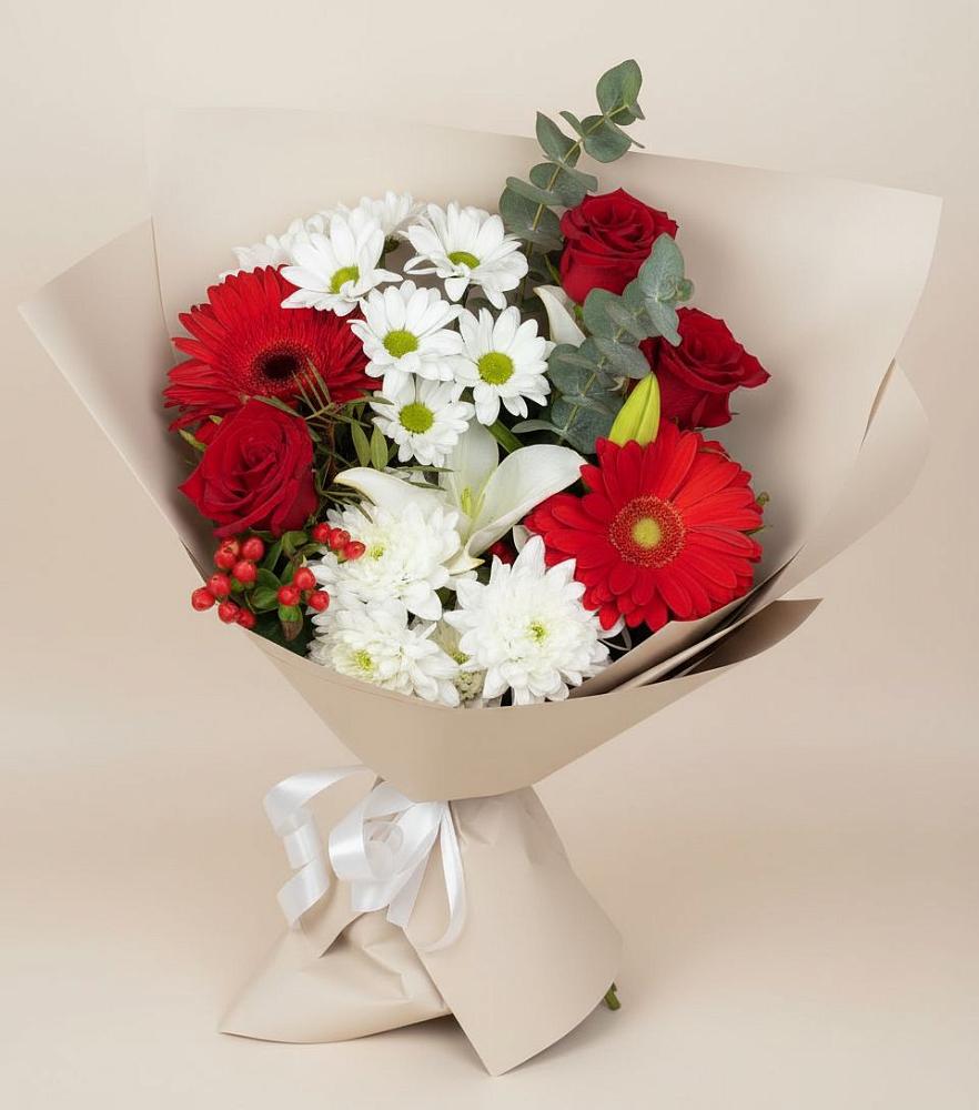 Букет цветов из: Розы, Хризантемы, Герберы и Лилии в Русской Гвоздевке