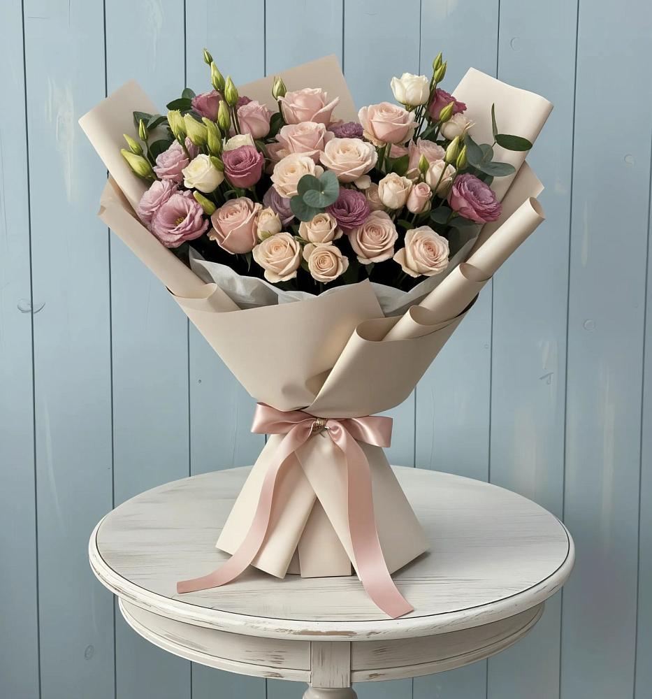 Букет цветов из: Розы и Лизиантусы в Русской Гвоздевке