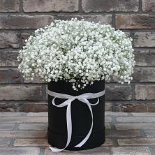 Цветочная композиция из Гипсофила в шляпной коробке в Русской Гвоздевке