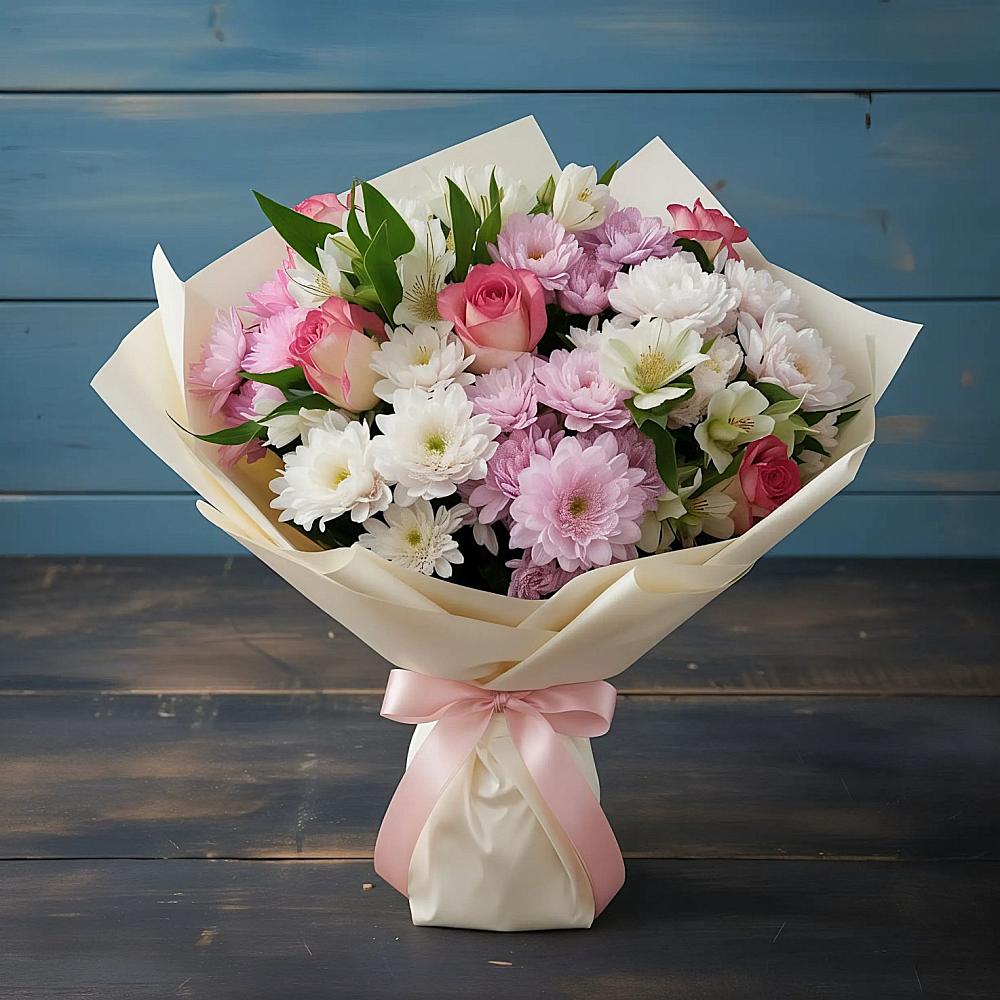 Букет цветов из: Хризантемы, Альстромерии и Розы в Русской Гвоздевке